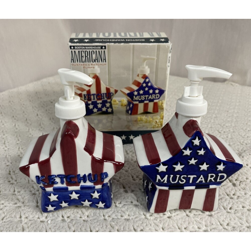 American Flag Mustard & Ketchup Catsup Pump Dispenser Set New Open Box